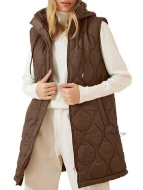 Long Puffer Vest Sleeveless Hooded Lightweight Quilted Winter Coat Zip Up